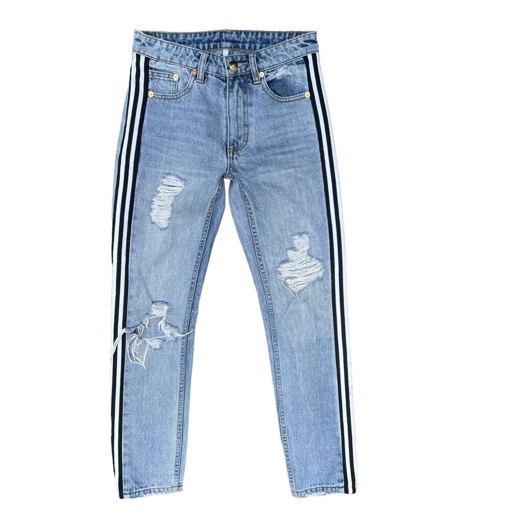 PE Nation Australia Jeans Sz 24 High Rise Side Stripes Distressed Denim Festival